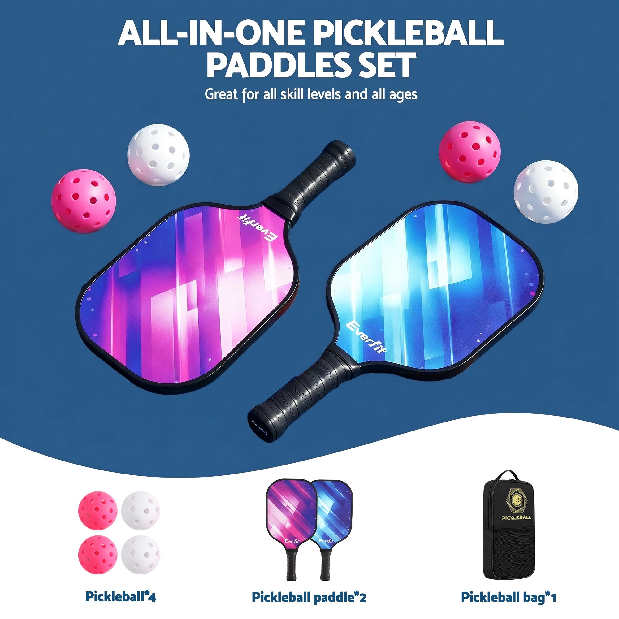 Everfit Fiberglass Pickleball Paddle Set – Honeycomb Core with Bag