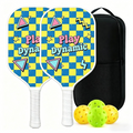Yellow and Blue Pickleball Paddle Set - Fiberglass Face with PP Honeycomb Core, 2 Paddles 4 Balls & Carry Bag - Lightweight Vibration Dampening Grip for Beginners & Family Play