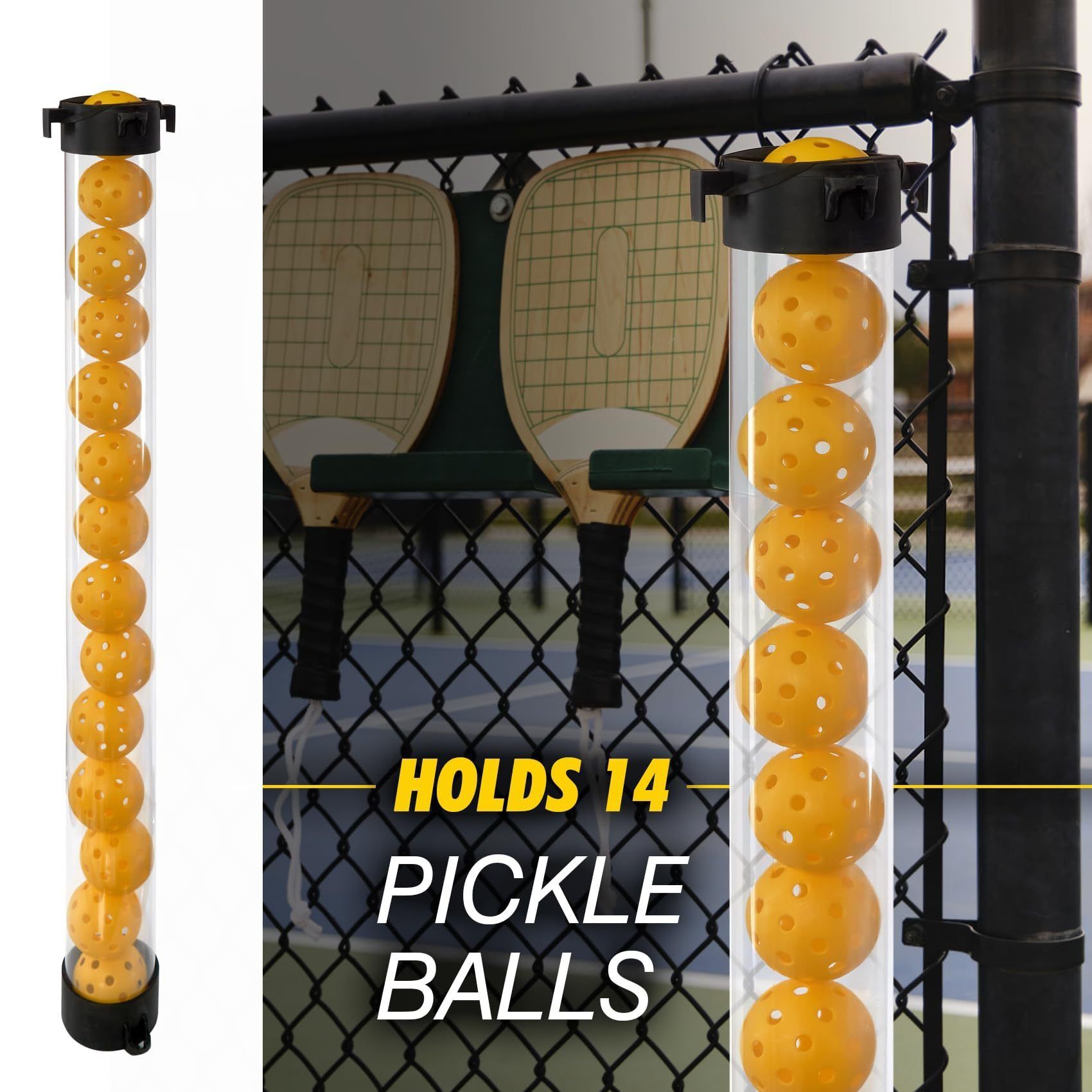 14-Piece Yellow 40 Hole Pickleball Balls with Clear Pickleball Ball Retriever Tube for Indoor / Outdoor Play - No Bending Ball Collector with Shoulder Strap and Fence Hook - Practical Pickleball Court Accessory
