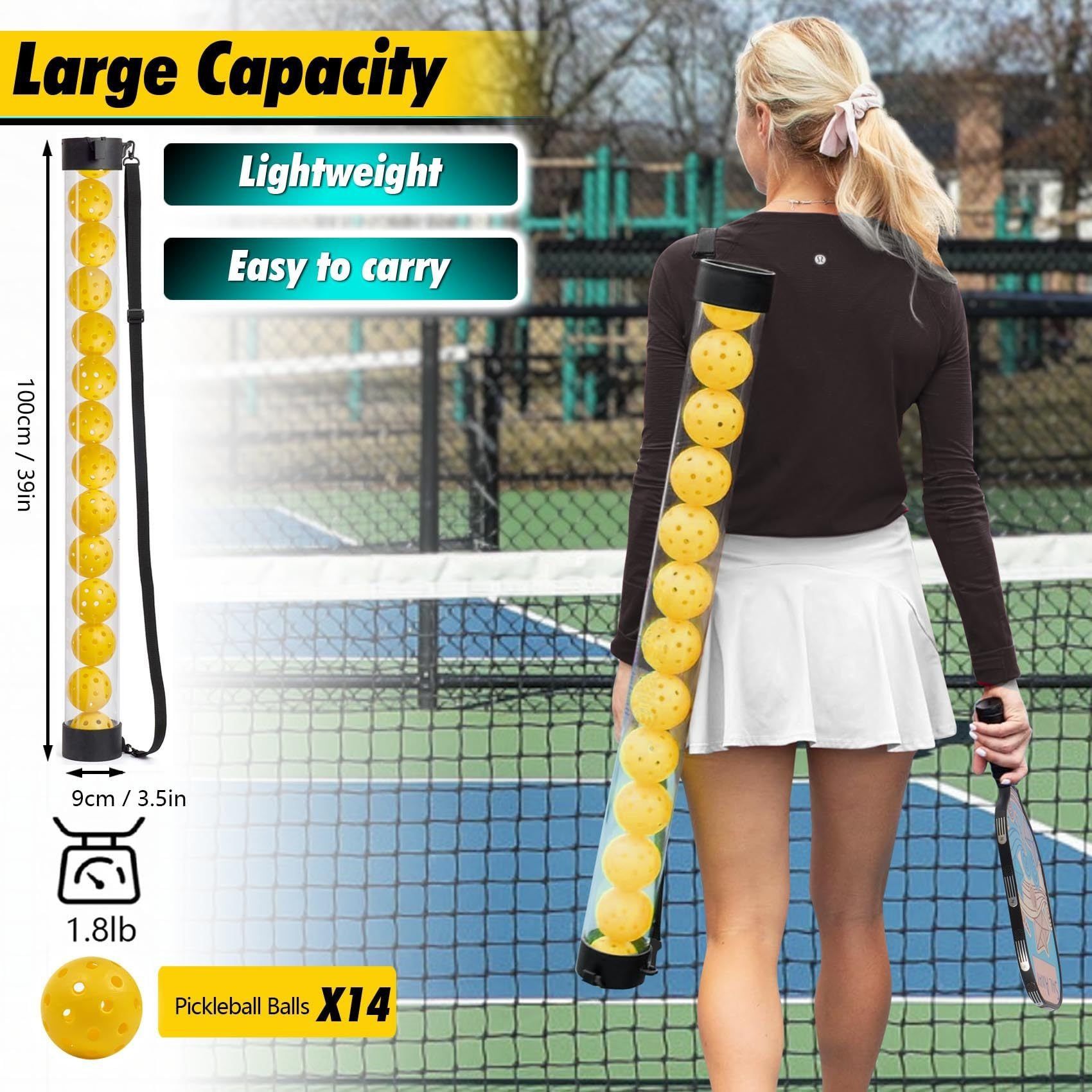 14-Piece Orange 40 Hole Pickleball Balls with Clear Pickleball Ball Retriever Tube for Indoor / Outdoor Play - No Bending Ball Collector with Shoulder Strap and Fence Hook - Practical Pickleball Court Accessory