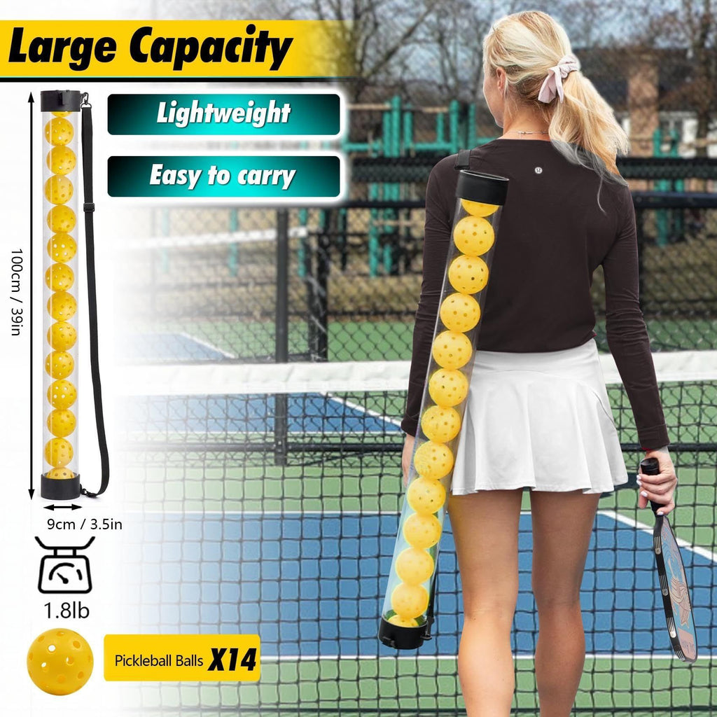 14-Piece Blue 40 Hole Pickleball Balls with Clear Pickleball Ball Retriever Tube for Indoor / Outdoor Play - No Bending Ball Collector with Shoulder Strap and Fence Hook - Practical Pickleball Court Accessory